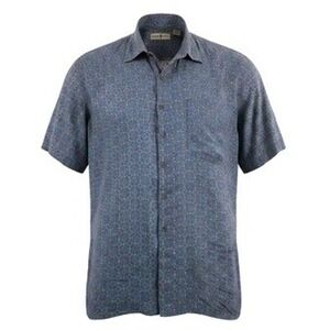 Robert Stock Men XL Button Up Shirt Blue Purple Geometric Silk Short Sleeve